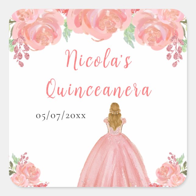 Blonde Hair Princess Pink Floral Quinceanera Square Sticker (Front)