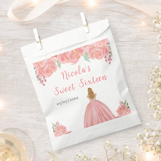 Blonde Hair Princess Pink Floral Sweet Sixteen  Favour Bags (Clipped)