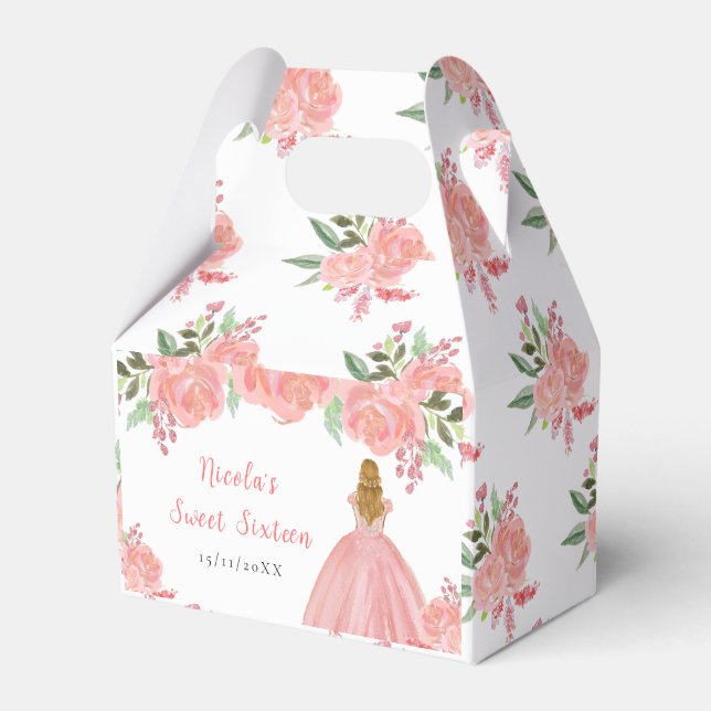 Blonde Hair Princess Pink Floral Sweet Sixteen Favour Box (Front Side)