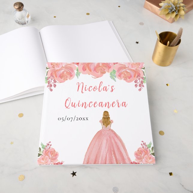 Blonde Hair Princess Pink Quinceanera Guest Book (Front Open)