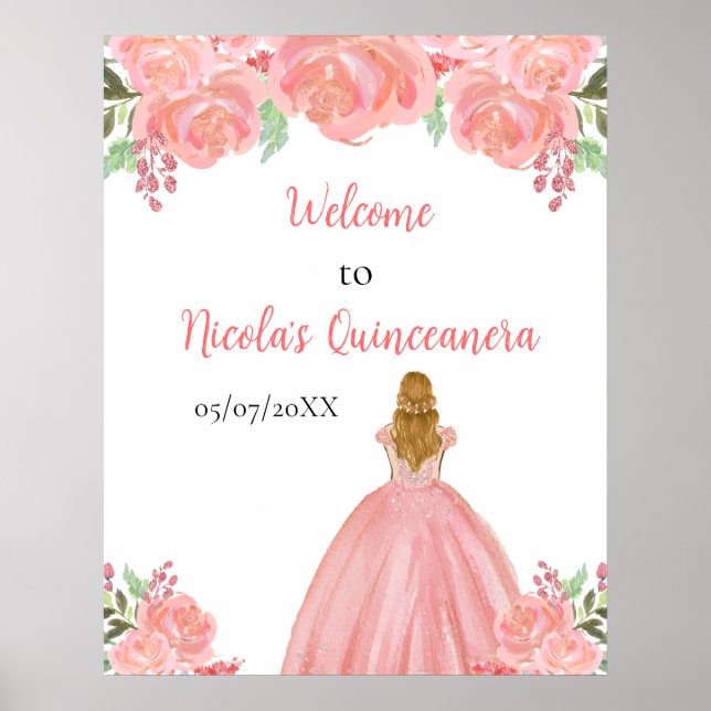 Blonde Hair Princess Pink Quinceanera Welcome Poster (Front)