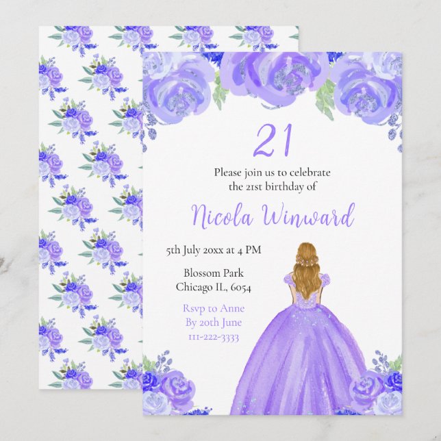 Blonde Hair Princess Purple Floral Birthday Party Invitation (Front/Back)