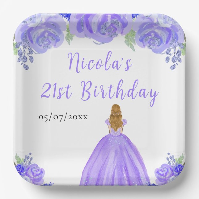 Blonde Hair Princess Purple Floral Birthday Party Paper Plate (Front)