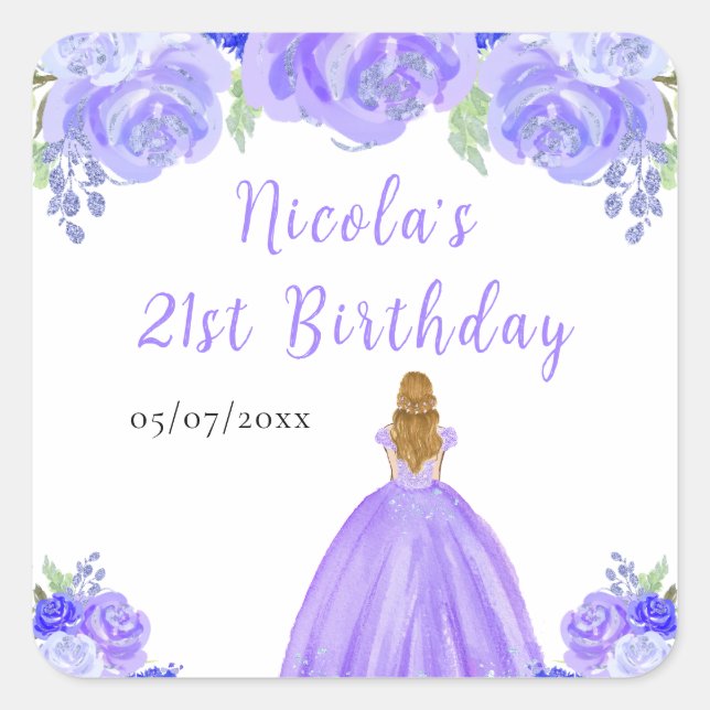 Blonde Hair Princess Purple Floral Birthday Party Square Sticker (Front)