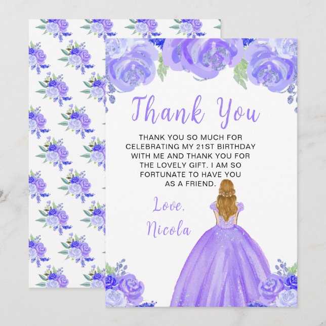 Blonde Hair Princess Purple Floral Birthday Party Thank You Card (Front/Back)