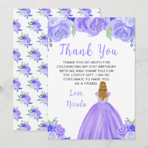 Blonde Hair Princess Purple Floral Birthday Party Thank You Card