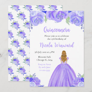 Blonde Hair Princess Purple Floral Quinceanera Invitation