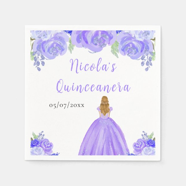 Blonde Hair Princess Purple Floral Quinceanera Napkin (Front)