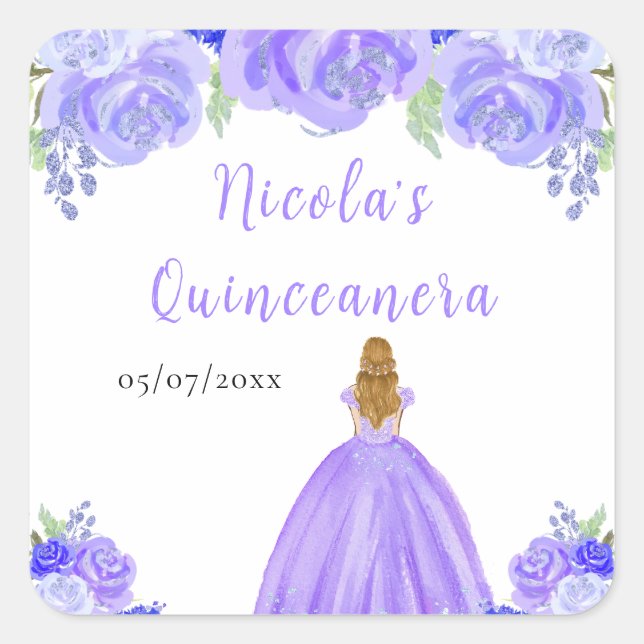 Blonde Hair Princess Purple Floral Quinceanera Square Sticker (Front)