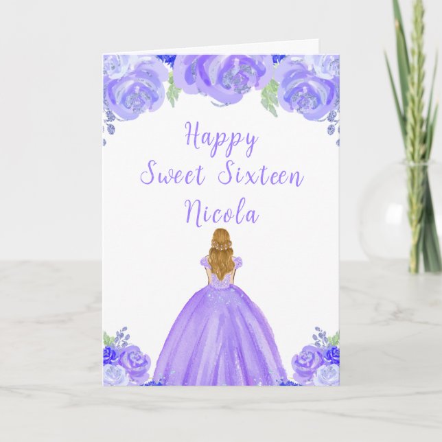 Blonde Hair Princess Purple Floral Sweet Sixteen  Card (Front)