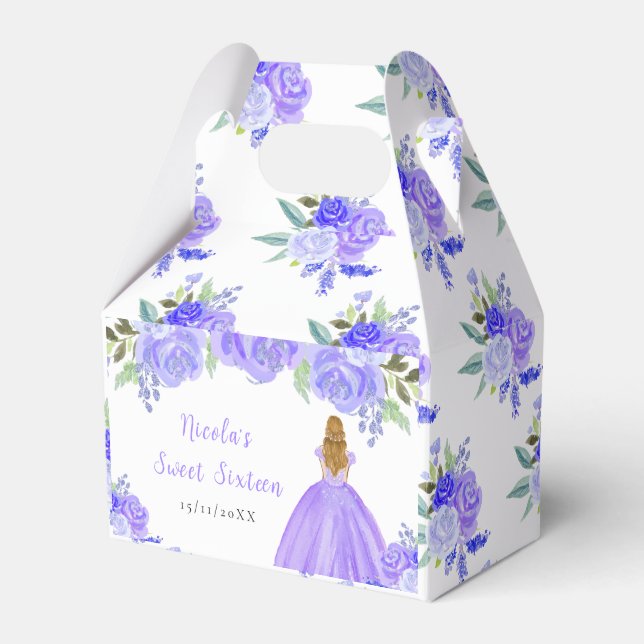 Blonde Hair Princess Purple Floral Sweet Sixteen Favour Box (Front Side)