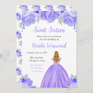 Blonde Hair Princess Purple Floral Sweet Sixteen Invitation
