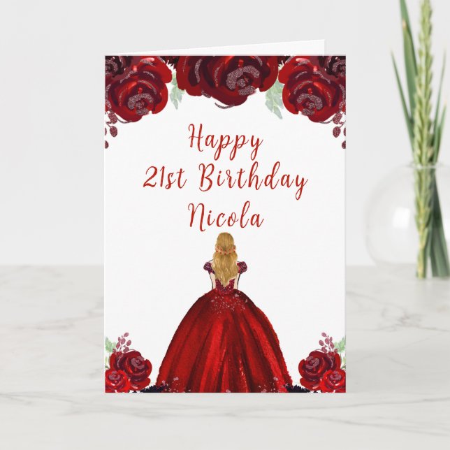 Blonde Hair Princess Red Floral Birthday Card (Front)