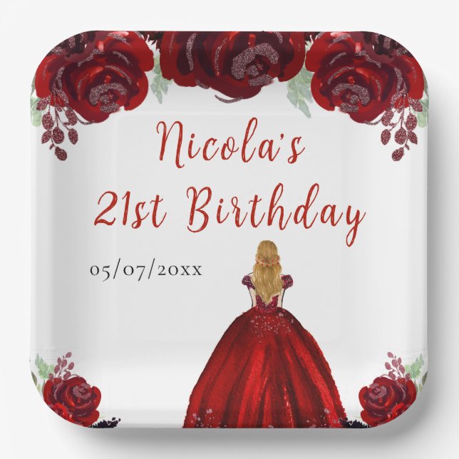 Blonde Hair Princess Red Floral Birthday Paper Plate (Front)