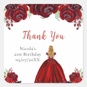 Blonde Hair Princess Red Floral Birthday Square Sticker