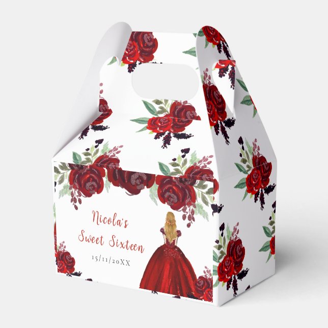 Blonde Hair Princess Red Floral Sweet Sixteen Favour Box (Front Side)