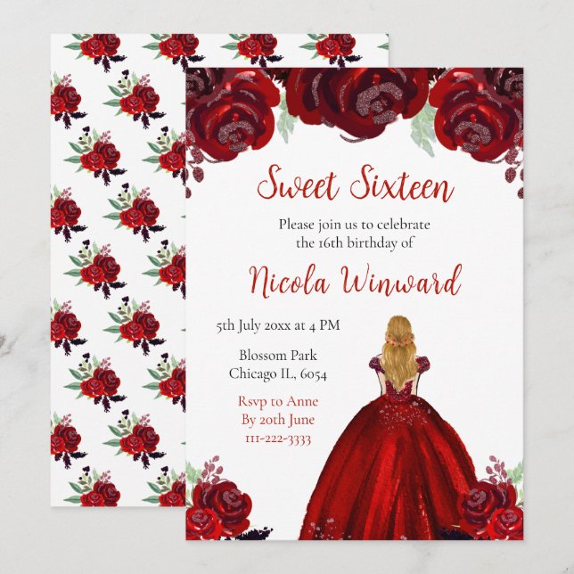 Blonde Hair Princess Red Floral Sweet Sixteen Invitation (Front/Back)