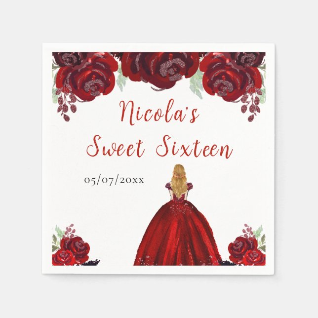 Blonde Hair Princess Red Floral Sweet Sixteen  Napkin (Front)