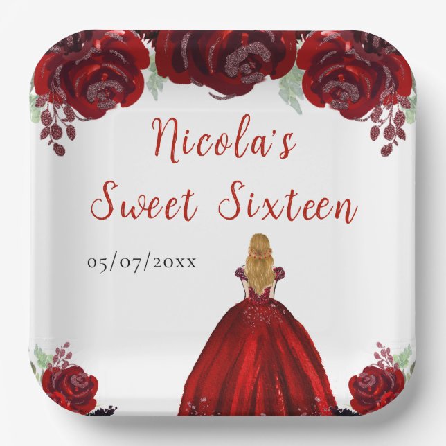 Blonde Hair Princess Red Floral Sweet Sixteen  Paper Plate (Front)