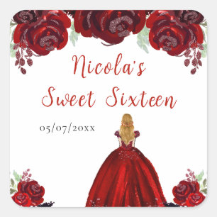 Blonde Hair Princess Red Floral Sweet Sixteen Square Sticker