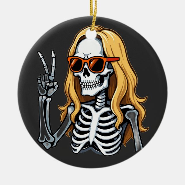 Blonde Hair Skeleton Giving Peace Sign  Ceramic Tree Decoration (Front)