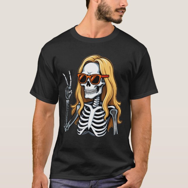 Blonde Hair Skeleton Giving Peace Sign  T-Shirt (Front)
