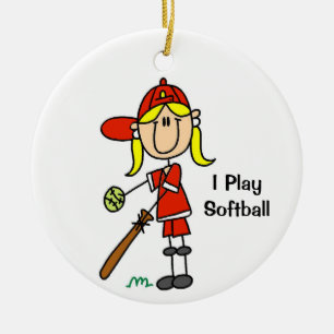 Blonde Hair Stick Figure Softball Female Ceramic Tree Decoration