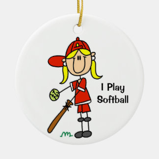 Blonde Hair Stick Figure Softball Female Ceramic Tree Decoration