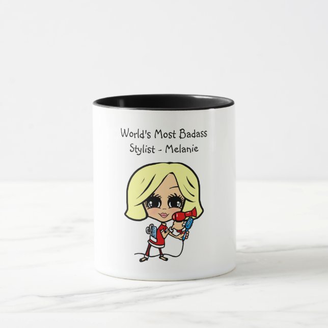 Blonde Hair Stylist Caricature MUG Personalised (Center)