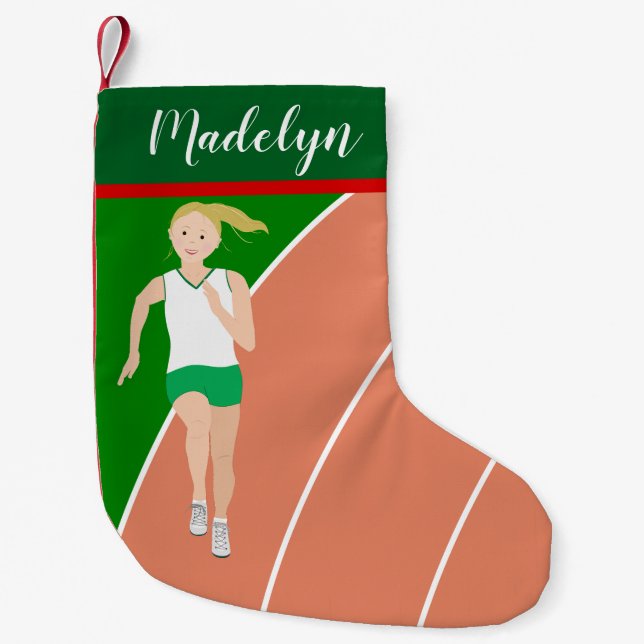 Blonde Hair Track Girl in Green Small Christmas Stocking (Front)