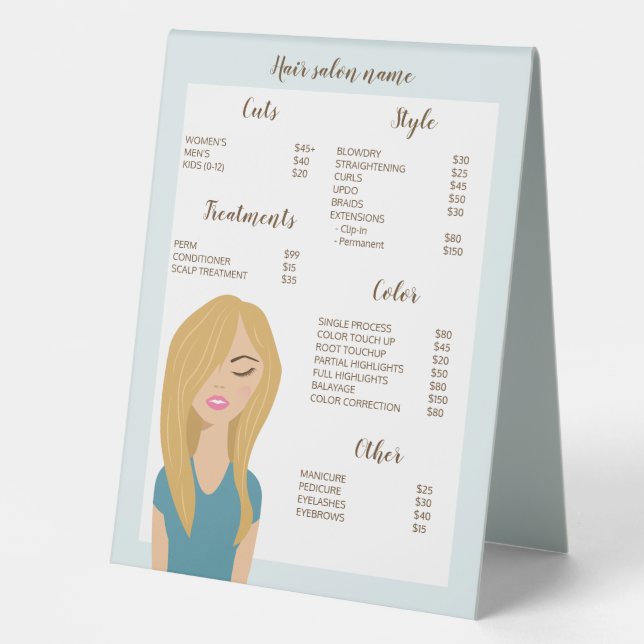 Blonde Hair Woman Drawing Custom Hair Salon Menu (Front)