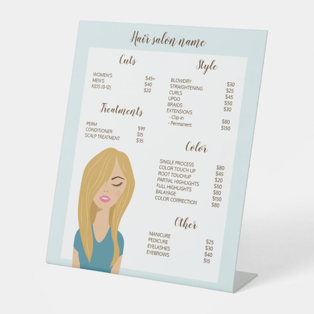 Blonde Hair Woman Drawing Custom Hair Salon Menu Pedestal Sign (Front)