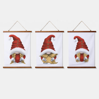 Blonde-Haired Christmas Gnome Family – Wood-Topped Hanging Tapestry