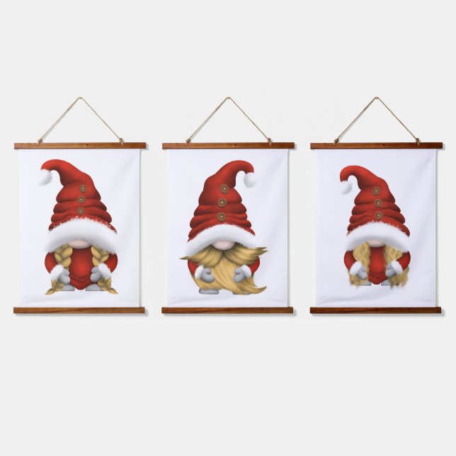 Blonde-Haired Christmas Gnome Family – Wood-Topped Hanging Tapestry (Triple)