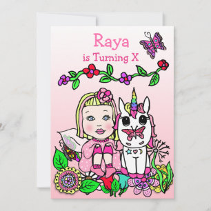 Blonde Haired Fairy and Unicorn Pink Birthday Invitation