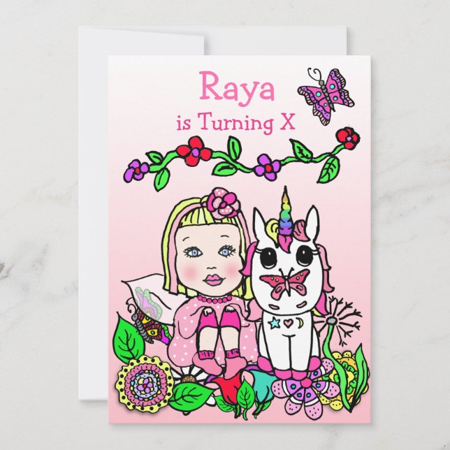 Blonde Haired Fairy and Unicorn Pink Birthday Invitation (Front)