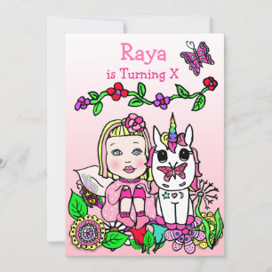 Blonde Haired Fairy and Unicorn Pink Birthday Invitation