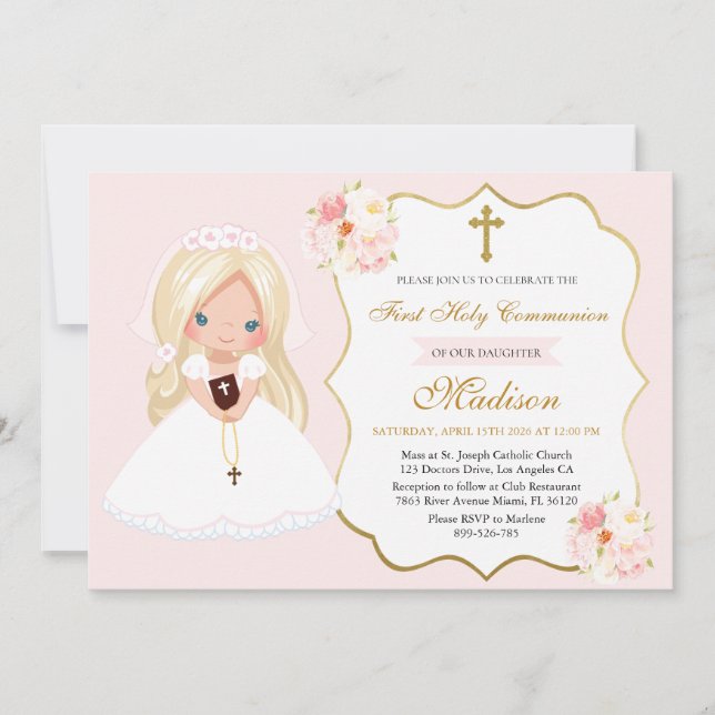 Blonde haired Girl First Communion Soft Pink Invitation (Front)