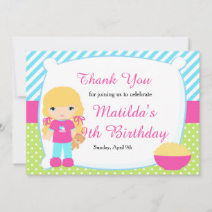 Blonde Haired Girl Sleepover Slumber Party Birthda Thank You Card