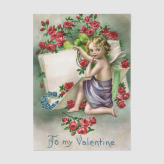 Blonde-Haired Valentine Cherub with Red Roses Tissue Paper