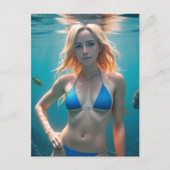 Blonde Haired Woman Blue Bikini Underwater Photo Postcard (Front)
