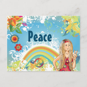 Blonde Hippie Girl, Flowers and Rainbow Peace Postcard