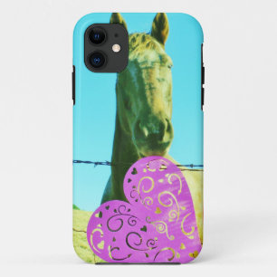 Blonde horse and Pink and Red Hearts iPhone 11 Case