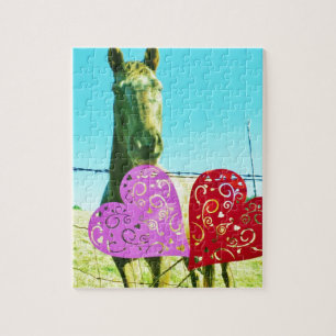 Blonde horse and Pink and Red Hearts Jigsaw Puzzle