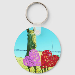 Blonde horse and Pink and Red Hearts Key Ring
