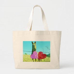 Blonde horse and Pink and Red Hearts Large Tote Bag
