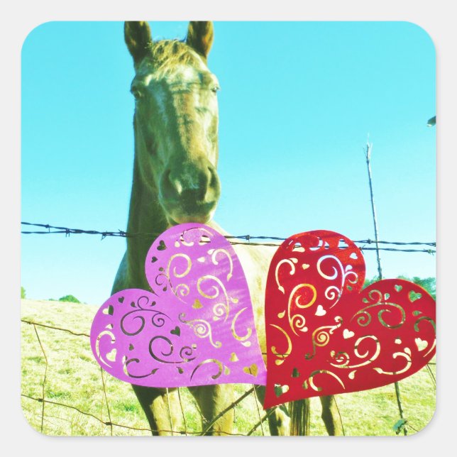 Blonde horse and Pink and Red Hearts Square Sticker (Front)