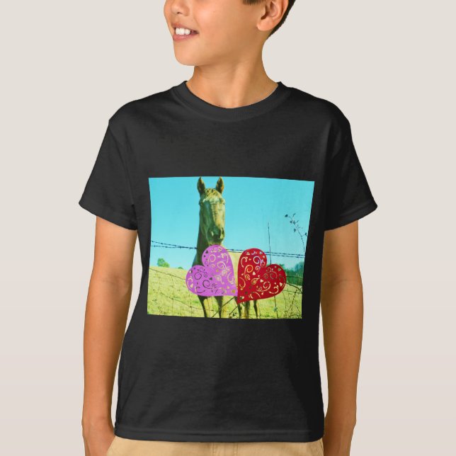 Blonde horse and Pink and Red Hearts T-Shirt (Front)