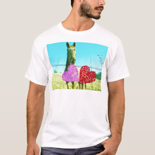 Blonde horse and Pink and Red Hearts T-Shirt