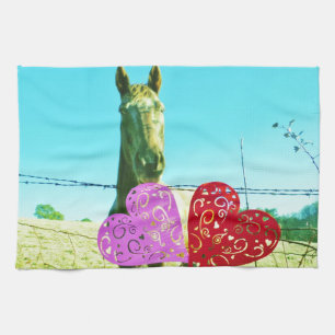 Blonde horse and Pink and Red Hearts Tea Towel